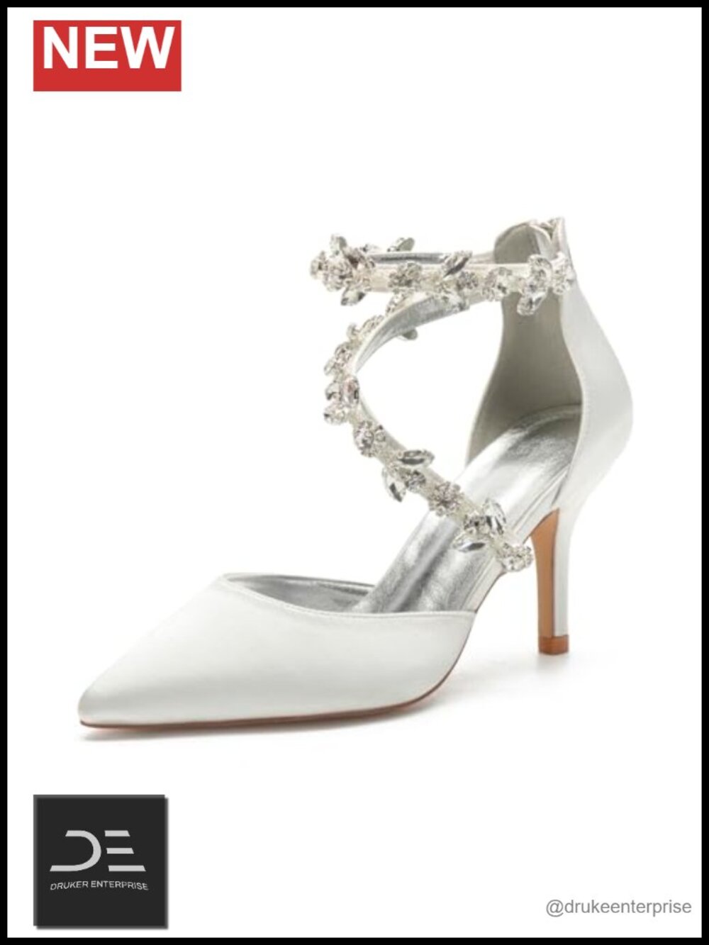 Satin Pointed Toe Heels Rhinestone Ankle Strap Bridal Wedding Prom Pumps